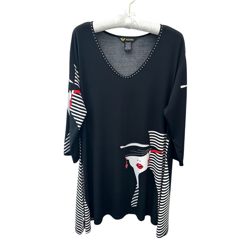 VALENTINA Abstract Face Tunic Top Art Deco Black White Red Rhinestone | Large
